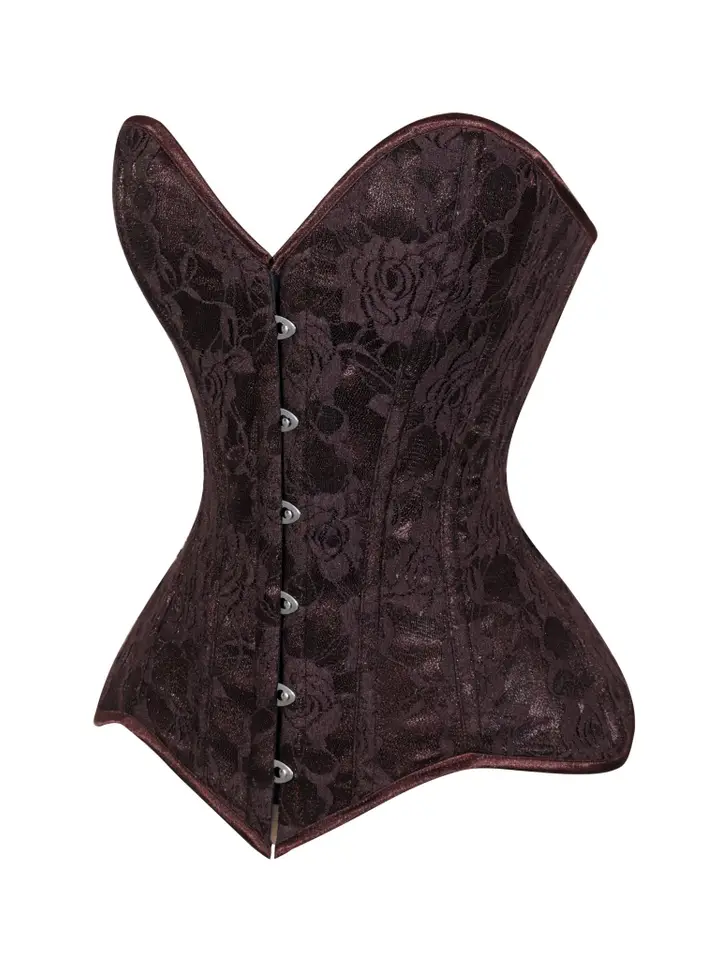 Lavish Dark Brown Lace Overbust Corset Sweetheart Neckline Busk Closure - Image 2