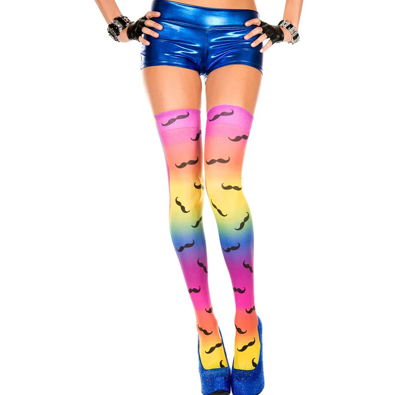 Mustache Print Rainbow Thigh Highs Adult